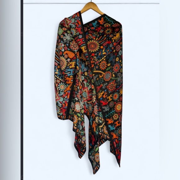 Pineda Covalin Mexico 100% Silk Poncho Huipil Huichol Spirit Pattern Black OS